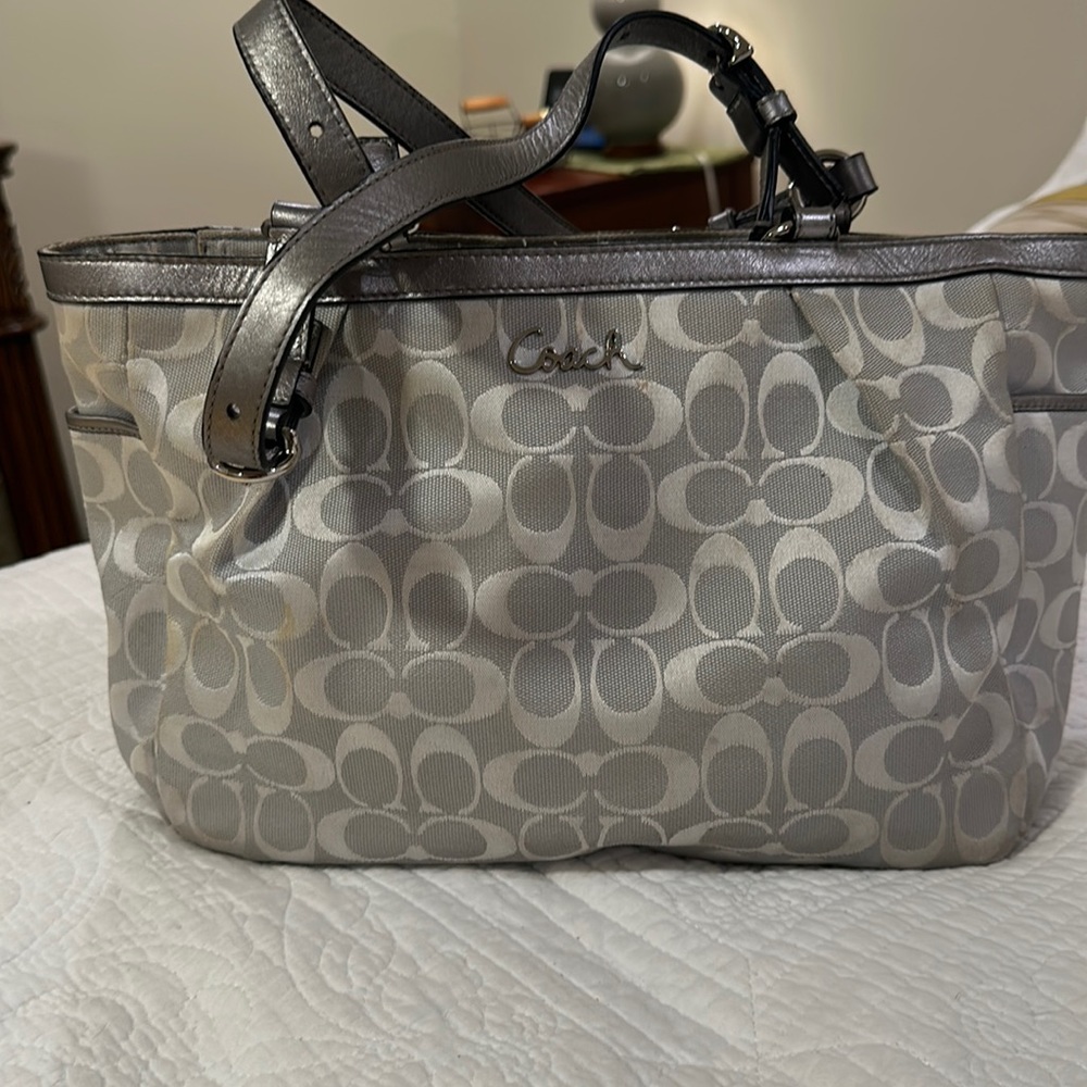Silver Grey nylon coach purse with purple lining